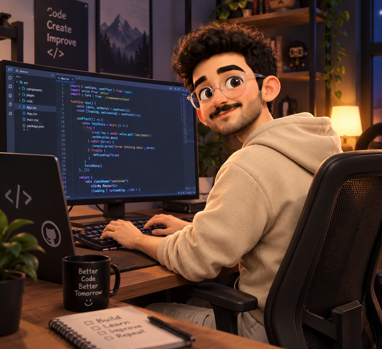 Kasra's character at his desk, writing code in a warm creative studio