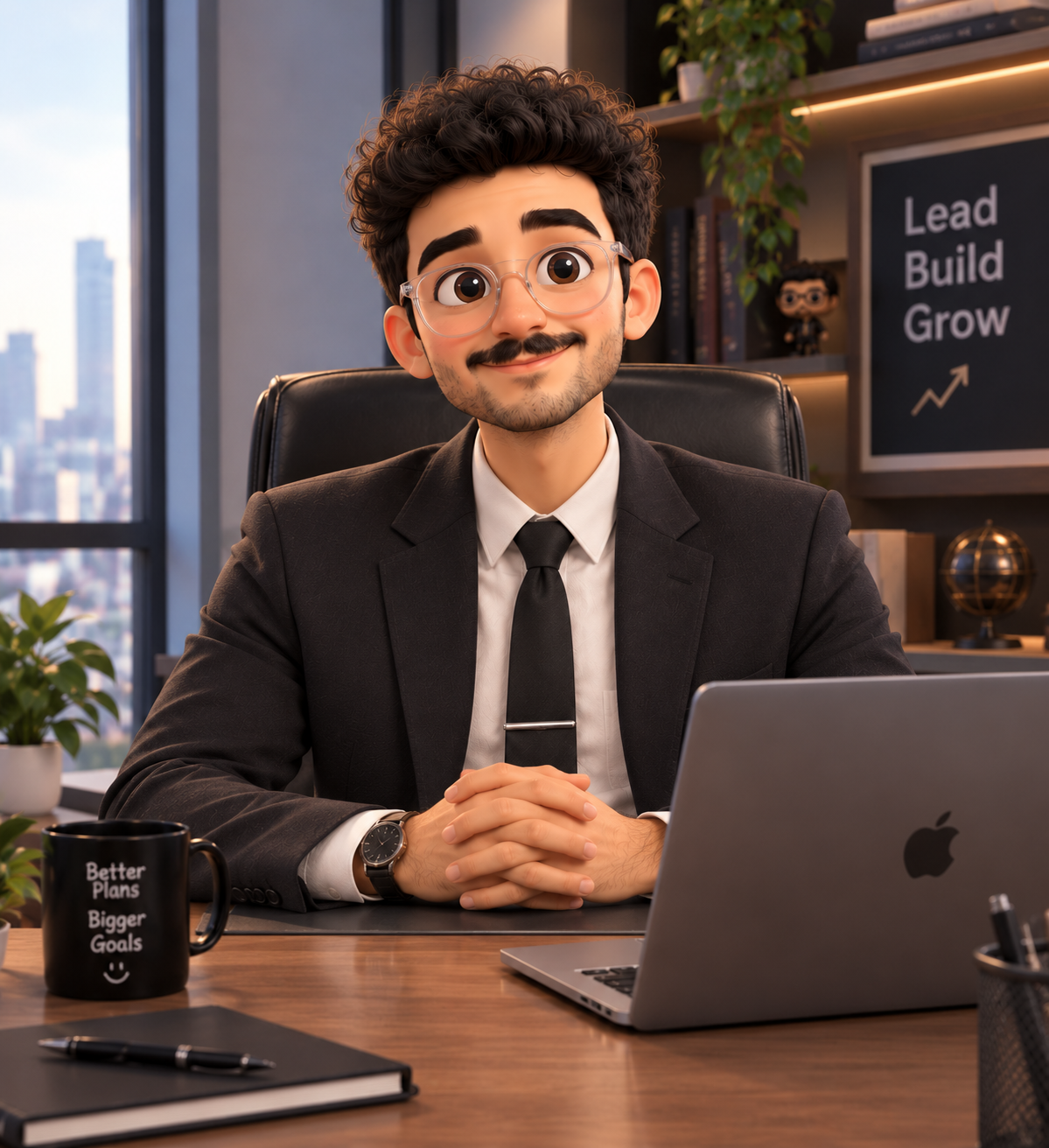 Kasra's character ready for a conversation at his desk