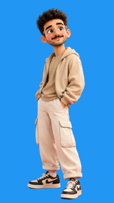 Kasra's illustrated character in a beige hoodie, glasses, and sneakers